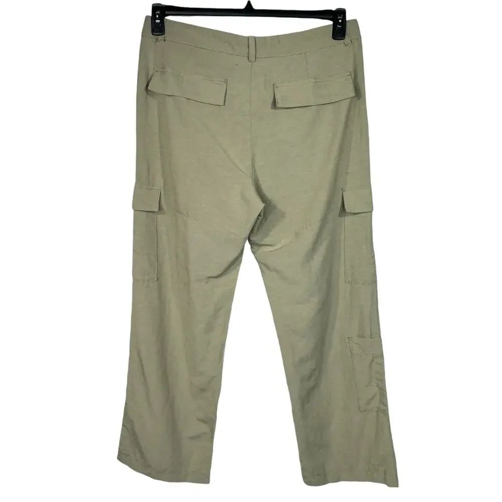 H&M SZ 14 Wide Straight Leg Pants Linen Blend Cargo Pocket Hi-Rise Zip-Fly Beige
